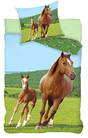 BrandMac Pferde Wende-Bettwäsche-Set 135x200 80x80 Baumwolle Mädchen Horse Kinderbettwäsche
