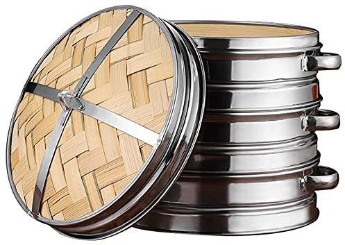 Vaporera de Bambú Orgánico, Sabor Oriental Hecho a Mano con Asa y Tapa, Olla de Vapor de Madera Oriental, Vaporizador de Madera para Arroz, Verduras, Carne, Pescado,30cm