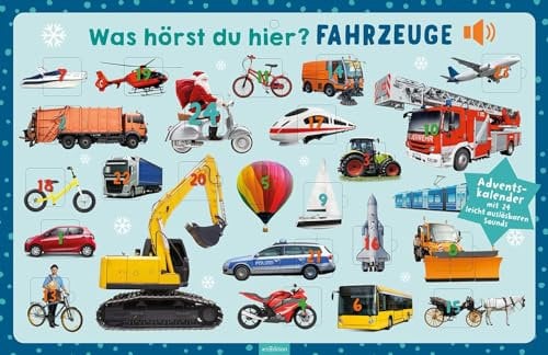 Was hörst du hier? Fahrzeuge: Adventskalender mit 24 leicht auslösbaren Sounds | Sound-Adventskalender für die Allerkleinsten mit 24 Fahrzeuggeräuschen