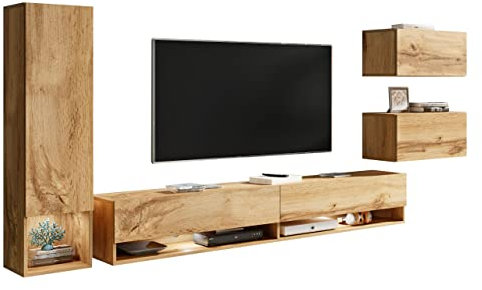 Wohnwand Boneli, Schrankwand, Fernsehschrank, Anbauwand, Mediawand, Wandregal, TV-Lowboard, Hängeschrank, Vitrine (Wotan, mit weißer LED Beleuchtung)