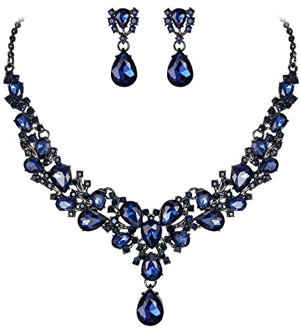 EVER FAITH Schmuckset Österreichisches Kristall Braut Brautjungfern Elegantes Tropfen Blume Blatt Cluster Halsketten und Ohrring Set für Damen Sapphire Blau Schwarz-Ton