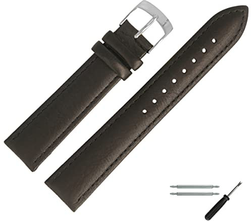 MARBURGER Uhrenarmband 14mm Leder Schwarz Silber Mit Naht - Montage Set 7711410000120