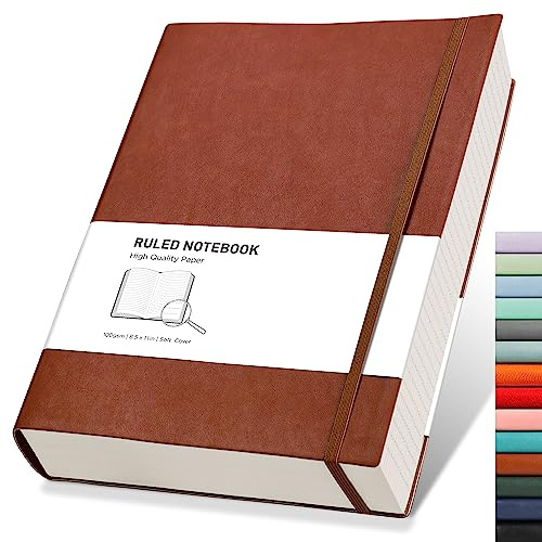 RETTACY A4 Lined Notebook, Leather Softcover Journal, 320 Pages, Brown | Notepad for Men Women, 100 GSM Thick Ruled Paper, for School Office Writing - 21.5 × 27.9 cm