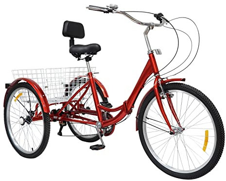 24 Zoll Klapprad Dreirad für Erwachsene Klappräder 7 Gang Tricycle Radfahren Sattel mit Rückenlehne, Einkaufskorb für Erwachsene und ältere Menschen Rot