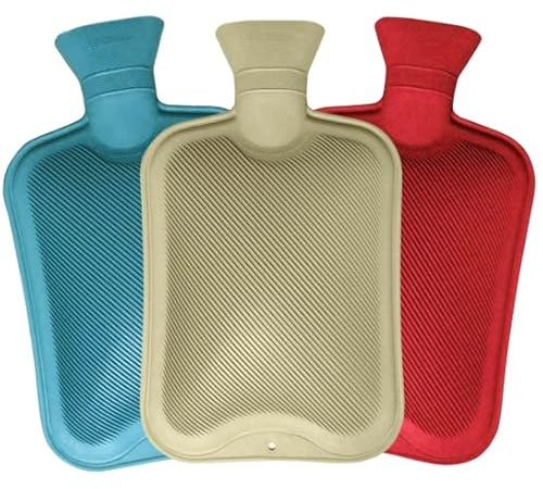 Pack of 3 Hot Water Bottles - x3 Natural Rubber 2 Litre Hot Water Bottles - Perfect Hot Water Bag for Pain Relief (Red, Blue & Cream)