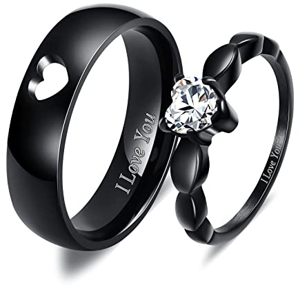 Banemi Pärchen Ringe, Partner Ringe Schwarz Edelstahlringe Partnerring Trauringe Edelstahl Herz I Love You Gravur Verlobungsringe für Damen und Herren