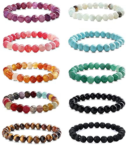 CASSIECA 10 Stück 8mm Perlenarmband für Herren Damen Naturstein Armband Halbedelsteine Armbänder Kristall verstellbar Elastic Herren Armband Perlen Set