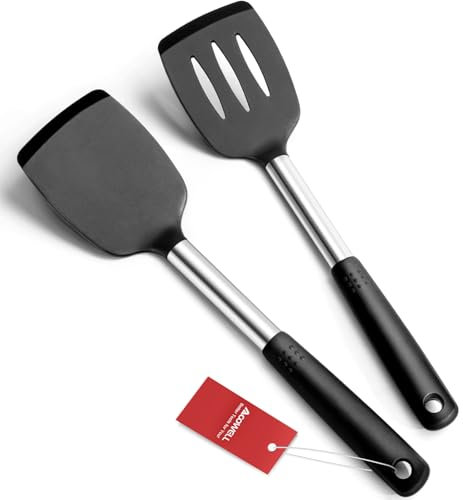 Silicone Spatula Turner Set, Premium Spatulas Silicone Heat Resistant Pack of 2 Kitchen Spatula for Nonstick Cookware, Solid & Slotted Rubber Spatula for Fish, Eggs, Pancakes, Wok, Cooking Utensils