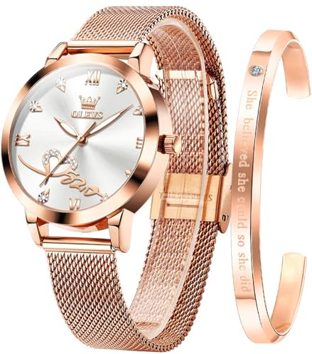 OLEVS Damen Armbanduhr Roségold Herz Diamant Quarzwerk Mädchen Damen Armbanduhr Weiß Gesicht Mesh-Gürtel Uhr Armband Geschenk zum Valentinstag