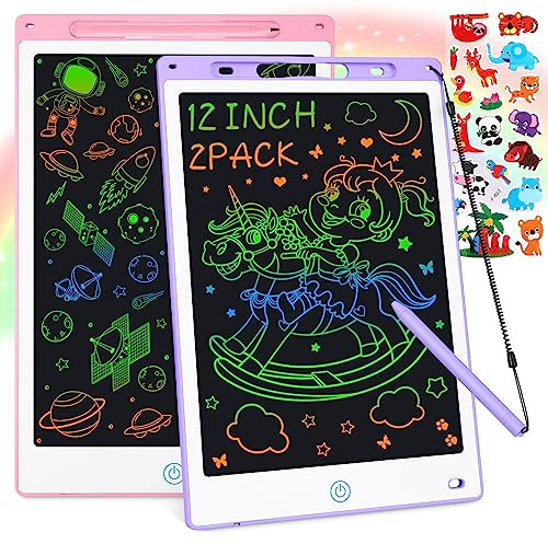 Tesmien 2 Pack LCD Writing Tablet for Kids,12 inch Colorful Doodle Board Drawing Tablet Board Scribbler Drawing Pads Learning Toys for 3 4 5 6 7 Girls Boys, Free Cartoon Stickers (Purple+Pink)