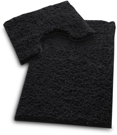 VELVETIO Bath Mats & Pedestal Set, Zero Twist Fluffy Super Soft 100% Microfiber Non-Slip Shaggy 2 Piece Bathroom Rugs, Extra Thick Machine Washable Water Absorbent Toilet Rug Sets, Black