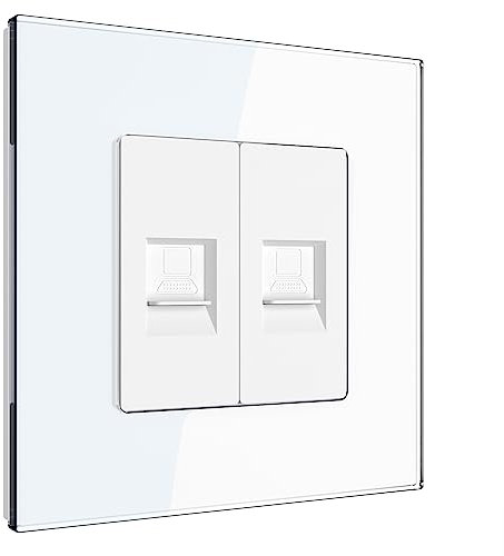 PULSAR Netzwerkdose 2x CAT5e Weiß mit Glas Rahmen - 2x RJ45 Port Internet Steckdose Unterputz 8P8C Buchse Ethernet Netzwerk LAN Dose Geschirmt Datendose