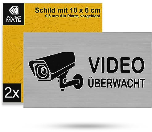 Warnschild Video überwacht, 2 Stück, 10 x 6 cm, gebürstete Aluminium Schilder zum Ankleben, Hinweis Schild für Innen- und Außenbereich, Videoüberwachung Schild Kit, Achtung Kamera Überwachung Set