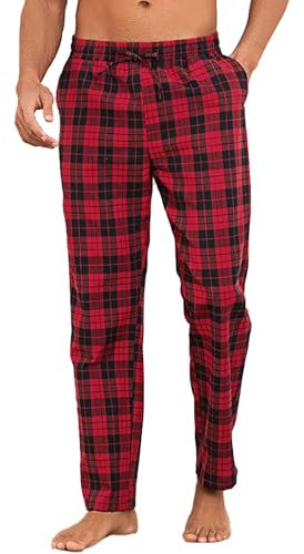 Litherday Pantalon de Pyjama Homme à Carreaux 100% Coton Longue Bas de Pyjama avec Poches à Cordon de Pantalon-2,Rouge + Noir,S