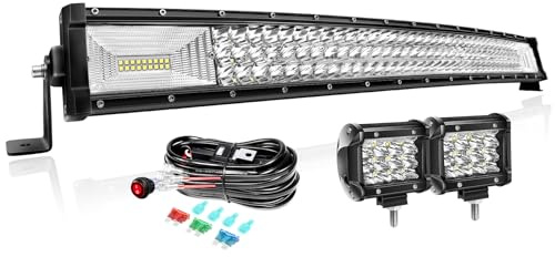 PICAA Gebogen 32 Zoll 405W LED Lightbar mit 2x 4in 36W Arbeitsscheinwerfer | 3 Meter Kabelbaum Kit, LED Lichtleiste KFZ, Lichtbalken Auto 12V, Zusatzscheinwerfer für Offroad LKW 4x4 Traktor