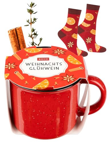 soxo Glühwein Weihnachten Socken + Becher Lustige Herren Geschenke Für Frauen 35-40 Glühwein Socken 1 Paar + Becher