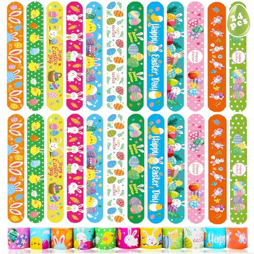 Acuiwer Braccialetti Slap per Bambini Schiaffo Braccialetti Slap 24/30/50 Pezzi Corsa/Dinosauri/Animale/Spazio/Unicorno/Hawaii/Costruzione Veicolo (Pasqua-Nuova-24 pezzi)