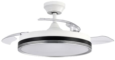 ABRILA - Ventilador DC ESCARCHA | Color Blanco/Color Negro con tres Aspas Desplegables | Ventilador 6 Velocidades Ajustables | con 3 Temperaturas de Luz | Mando a Distancia Incluido