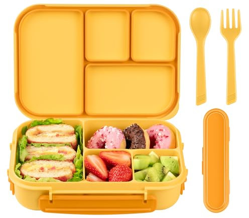 Amathley Lunch Box Kids,Bento Box Adult,Leakproof Lunch Containers for Adults/Kids/Toddler,1200ML-4 Compartments Bento Boxes with Utensil,Microwave & Dishwasher & Freezer Safe (Yellow)