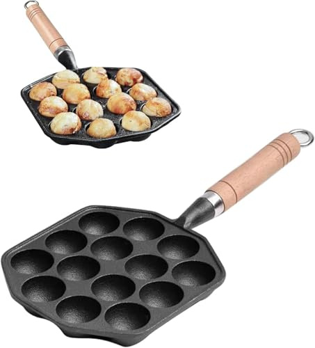 Topyond Takoyaki, padella a 14 fori, 3,5 cm, con manico rimovibile, piastra per cialde Takoyaki, in ghisa Takoyaki Maker per palline di polpo