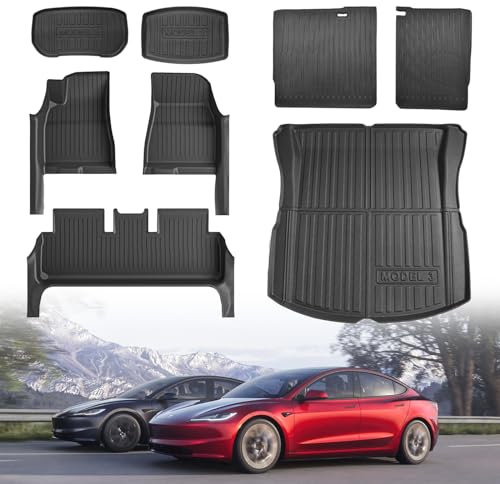 BRYOUS Floor Mat for Tesla Model 3 2024-2025 with Door Sill Protector 8PCS Full Cover Floor Mats with Front Rear Cargo Liner for Model 3 Highland TPE Model 3 Floor Mats with Seat Back Mats