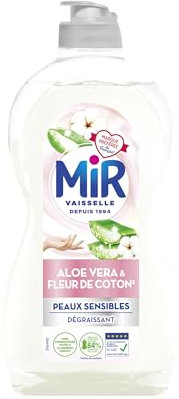 Mir Vaisselle - Soin Aloe Vera & Fleur de Coton - Respect des Peaux Sensibles - Dégraissant - Sans Conservateurs - Sans Allergènes Parfum - Marque Préférée des Français - Bouteille de 450 ml