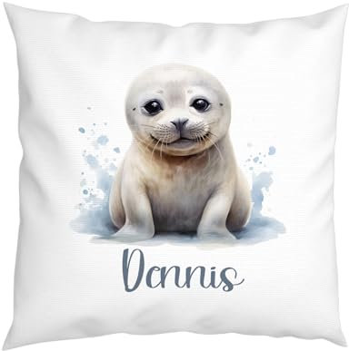 LIEBTASTISCH - Robbe Kissen - Personalisiert Wunschnamen - Kinderkissen - Dekokissen - Tiere - Junge - Mädchen - Geschenk - 40cm x 40 cm Kissen mit Füllung.