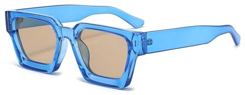 RUNHUIS Retro Dicke rechteckige Sonnenbrille für Damen Herren Vintage Klassisch Großer quadratischer Rahmen Chunky Brillen Blau/Champagner