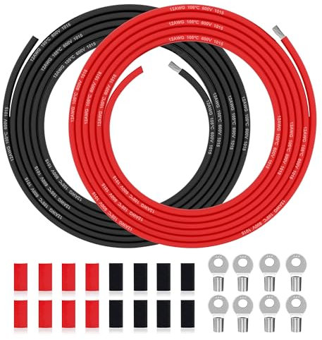 Cavo elettrico in PVC da 3.3 mm² -12 AWG Filo elettrico di 20 m (10 Metri nero e 10 Metri rosso) in rame stagnato ad alta temperatura per pannelli solari, elettrodomestici, veicoli, ecc.