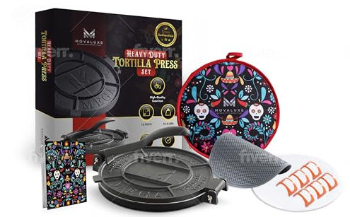 MOVALUXE® - Tortilla Press 12 inch Cast Iron Tortillas Maker. A Gift Set with a Warmer Pouch, 6 Taco Holders, Parchment Paper, Rubber Mat and Recipe E-book. The Perfect Roti, Chapati Dough Press