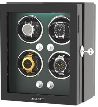 XTELARY Uhrenbeweger, Grün Automatik Uhrenbeweger für 4 Uhren, Tastensperre zum Entriegeln, Ausgestattet mit leisem Motor, 4 Rotationsmodi, Verstellbarer Uhrenmatte,mit LED-Beleuchtung