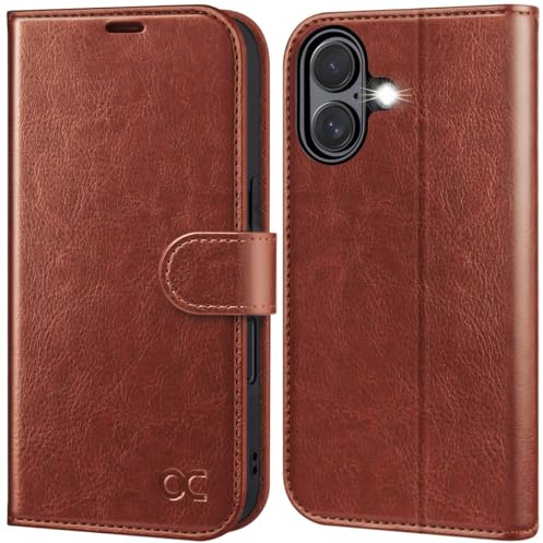 OCASE Hülle für iPhone 16 Plus Handyhülle Premium PU Leder Klassisch braun | Kartenfach Standfunktion, RFID Blhutzhülle Klapphülle Handytasche Lederhülle