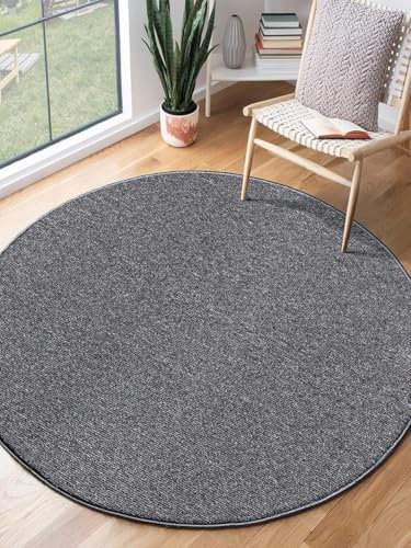 the carpet Natal Moderner einfarbiger Teppich Wohnzimmer, für die Küche geeignet, Tufting, robuster Kurzflor mit Filz-Rücken, weich & schmutzabweisend, Anthrazit, 133 cm Rund