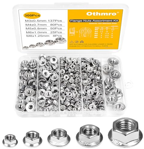 300 Pcs Serrated Flange Hex Nuts Kit, M3 M4 M5 M6 M8 Serrated Flange Hex Nuts, Hexagon Flange Nuts, Flanged Lock Nuts, Stainless Steel Serrated Nut, Metric, Fully Thread Replacement Nut