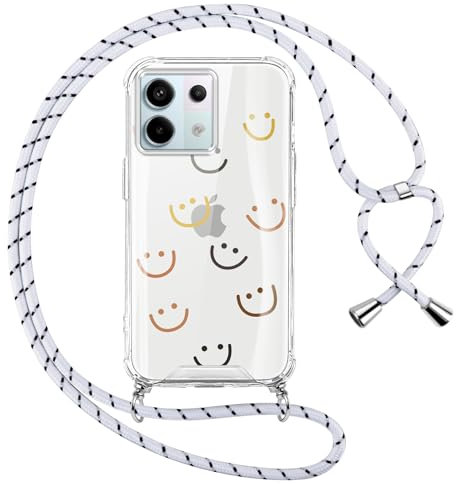Oelrstfe Coque pour Xiaomi Redmi Note 13 Pro 5G/Poco X6 5G avec Cordon de Collier,Transparent Paillette Smiley Motif Silicone Étui Housse,Aesthetic Antichoc Anti-Chute Lanyard Bandoulière Case,Blanc