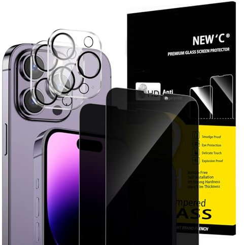 NEW'C 2 x Sichtschutz für iPhone 14 Pro Max für Panzerglas (6,7 Zoll) und 2x Kamera Panzer Schutz Glas Kameraschutz für iPhone 14 Pro Max (6,7 Zoll) -28 Grad verbesserter Sichtwinkel