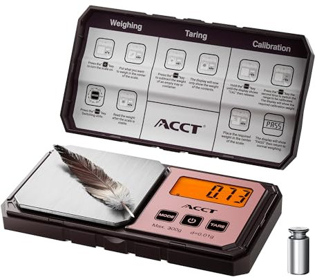ACCT Digitale taschenwaage 300g x 0.01g, feinwaage 0.01g, präzisionswaage Gramm und Unze, Tragbare Schmuck/Münzen/Kräuterwaage, 6 Einheiten, Tara-Funktion, grammwaage mit 50g Cal Gewicht