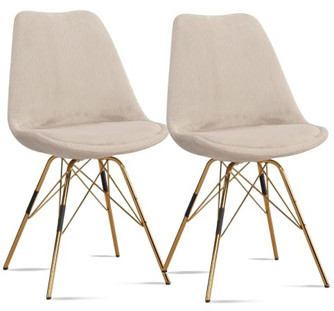 Esszimmerstuhl 2er Set Cara-Stoff Beige Küchenstuhl mit goldenen Beinen | Cord-Schalenstuhl Skandinavisches Design | Polsterstuhl mit Stoffbezug | Stuhl Gepolstert