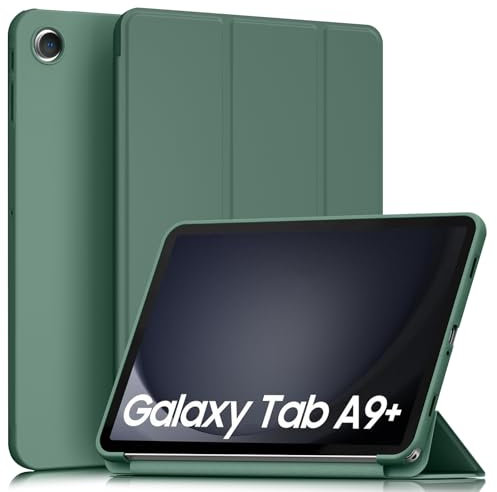 YLK Funda con Samsung Galaxy Tab A9+/ A9 Plus 11 Pulgadas 2023 SM-X210/ X216/ X218, PU Cuero Soporte de Cubierta de Tableta Protectora Anti-Scratch y Plegable Auto/Sueño Auto (Oscura Verde)