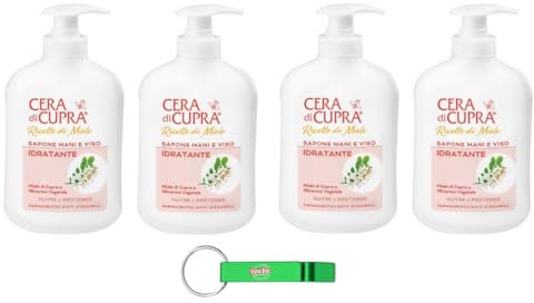 4x Cera di Cupra Seife Sapone Idratante Feuchtigkeitsspendende Flüssigseife für Hände und Gesicht - mit Cupra-Honig - 200ml + Beni Culinari Kostenloser Schlüsselanhänger