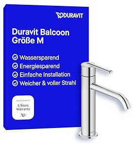 Duravit Balcoon Waschtischarmatur, Größe M (Auslauf Höhe 138 mm), energiesparende Waschbecken Armatur (FreshStart), wassersparender Wasserhahn Bad (MinusFlow), Bad Armatur, Chrom