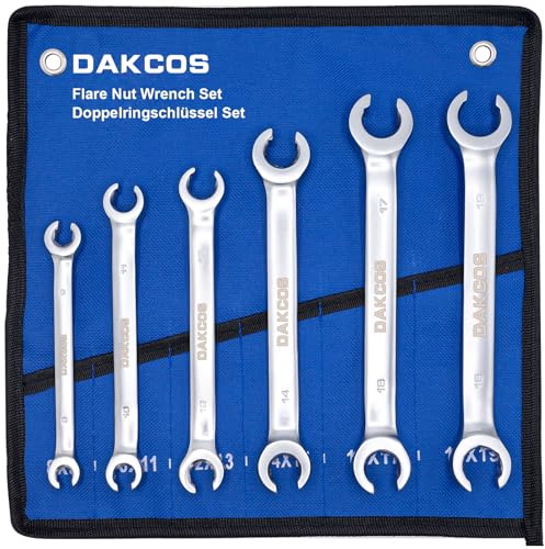 DAKCOS 6 tlg. Bremsleitungsschlüssel Offener Doppel-Ringschlüssel, 8-19mm | SW 8x9mm, 10x11mm, 12x13mm, 14x15mm, 16x17mm, 18x19mm, aus CR-V mit mattierter Chromoberfläche