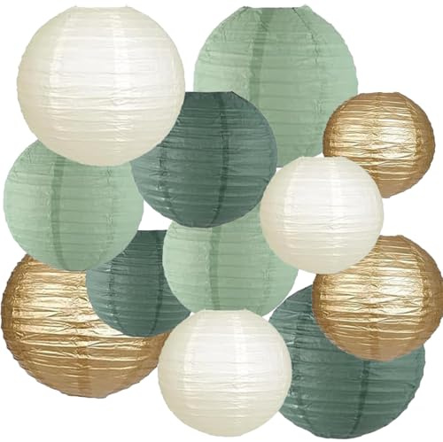 We Moment Zone 12pcs Paper Lanterns Decorative,Sage Green and Gold Ivory Round Paper Lanterns for Rustic Wedding Bridal Shower Birthday Party Decor