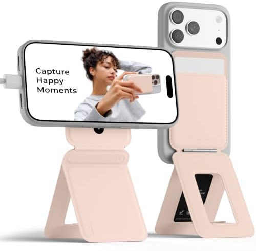 MOFT Handy Stativ für Smartphone, [Ultra Dünn & Tragbar] Faltebar MOVAS Veganes Leder Stativ für Magsafe, 3-in-1 Handy Ständer mit Magnetische Kartenhalter, Mini Selfie Stick, Pfirsich Rosa