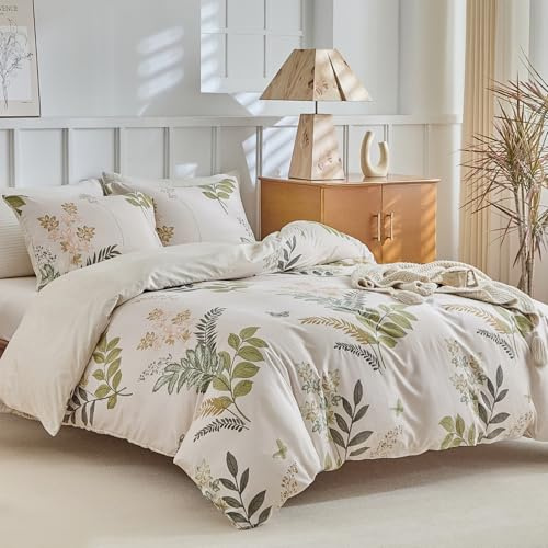 Tokokimo Bettwäsche 220x240 3teilig - Frühlingsblumen und Grünes Blattdesign - Mikrofaser Bettbezug 220x240 für Doppelbetten mit 2 Kopfkissenbezüge mit Reißverschluss 80x80, Beige
