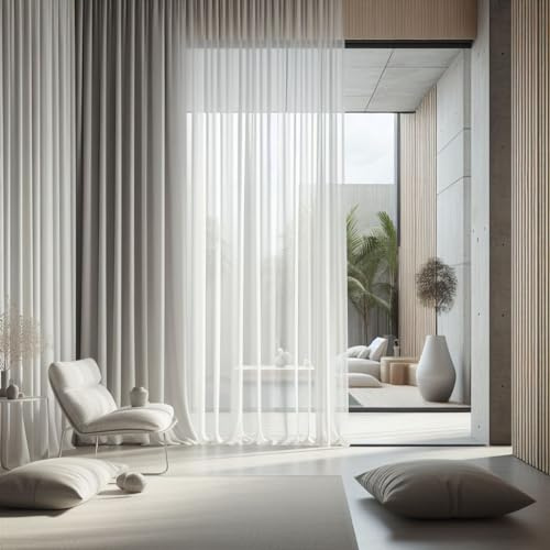 Transparente Voile-Gardine Weiß – Flammsicher & Lichtdurchlässig – Mit Universalband & Kräuselband – Bleibandbeschwert – Pflegeleicht & Waschbar – Modern & Elegant (250 x 300 (HxB))