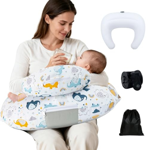 KAKIBLIN Nursing Pillow, Inflatable Breastfeeding Pillows, Hands-Free Feeding Pillow for Pain Relief with Waist Strap, Travel Nursing Pillow, Breastfeeding Bottle Support for Baby Girl Boy (Elephant)