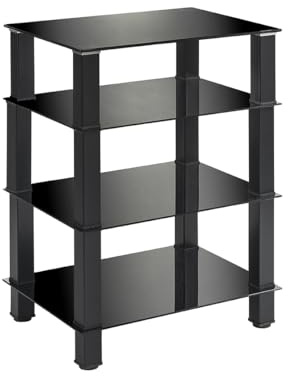 MMT HiFi Rack AV Shelf 4-Tiers Glass TV Stand Hi-Fi with Tempered Glass | Media Storage Shelves Black, 77cm Tall, 4 Shelves, 45cm Deep, 60cm x 45cm x 77cm, Modern
