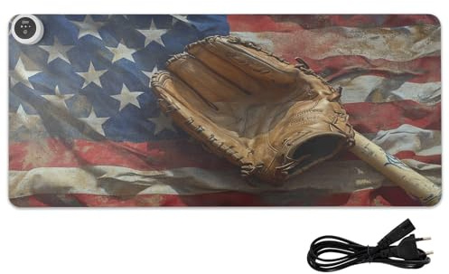 Flag Baseball Glove Beige Pattern Heated Desk Mat Large Heated Warm Desk Pad with 3 Heating Levels PU Leather Computer Keyboard Pad for Office Home, 31.5x13in