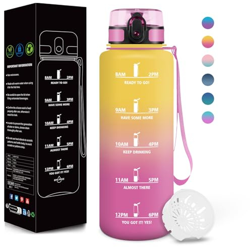 Motswedi Gourde, 1500ml Sans BPA, Gourde Plastique, Conception de Verrouillage Anti-Fuite, Bouteille, Avec Horodatage, Bouteille Motivation pour Salle de Sport, En cours d'exécution - Jaune&rose